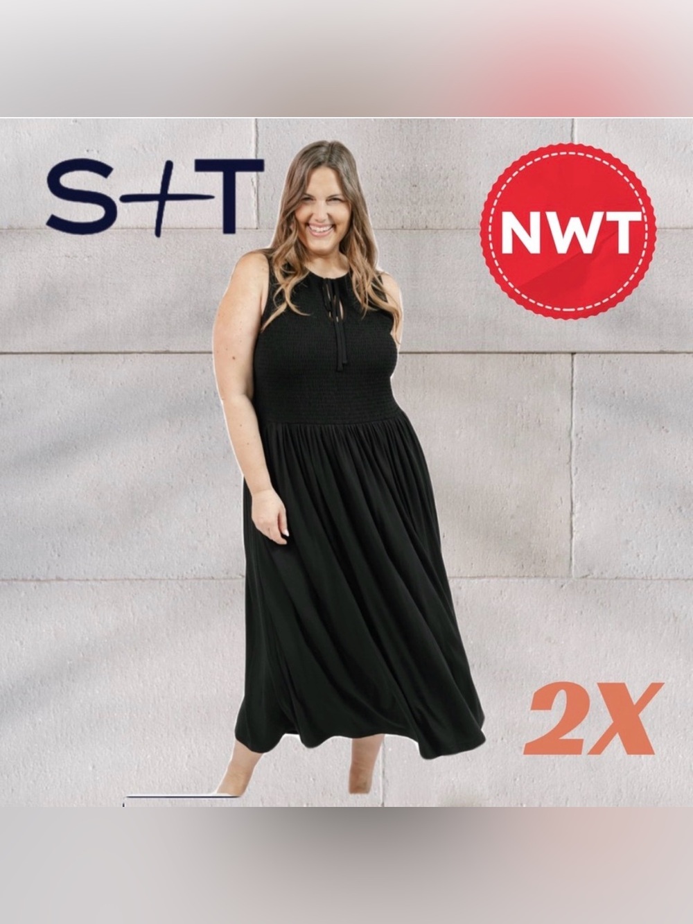 🇨🇦🆕🏷️NWT SMASH + TESS | 2X | CHARLOTTE SMOCKED MIDI DRESS IN MIDNIGHT BLACK